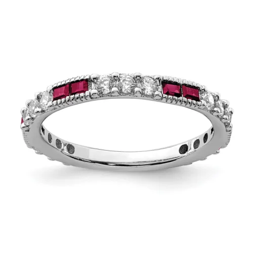 Sterling Silver Rhodium-finished Created Ruby and Round CZ Band