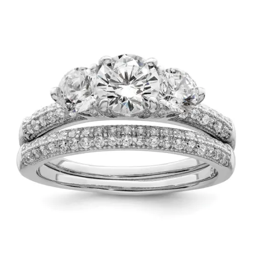 Sterling Silver Rhodium-finished CZ 3 Stone Engagement Ring Set