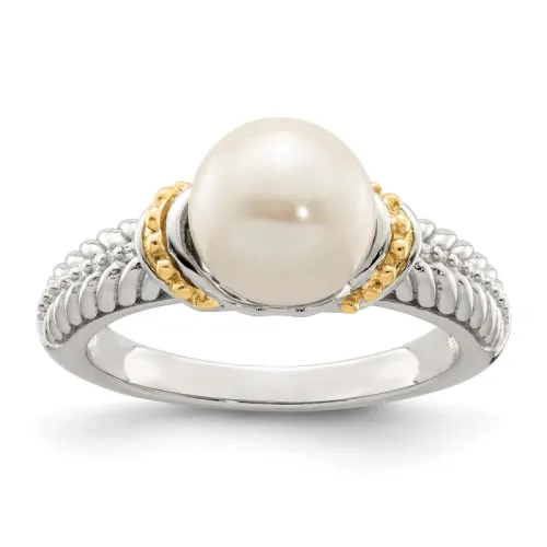 Sterling Silver Rhodium-finished with 14K Freshwater Cultured Pearl Ring