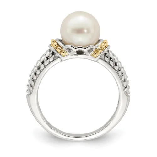 Sterling Silver Rhodium-finished with 14K Freshwater Cultured Pearl Ring
