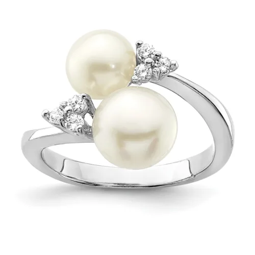 Sterling Silver Rhodium-finished 8-9mm White 2-FWC Pearl and CZ Ring