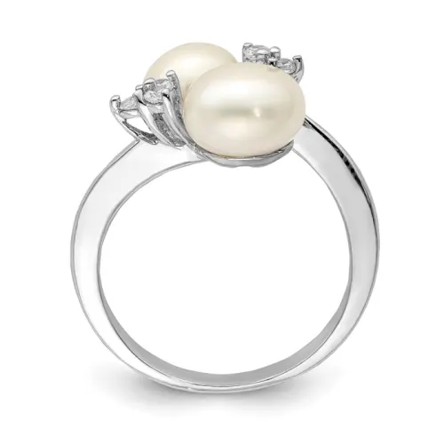 Sterling Silver Rhodium-finished 8-9mm White 2-FWC Pearl and CZ Ring