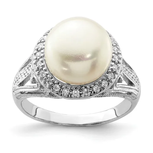 Sterling Silver Rhodium-finished White FWC Pearl and CZ Ring