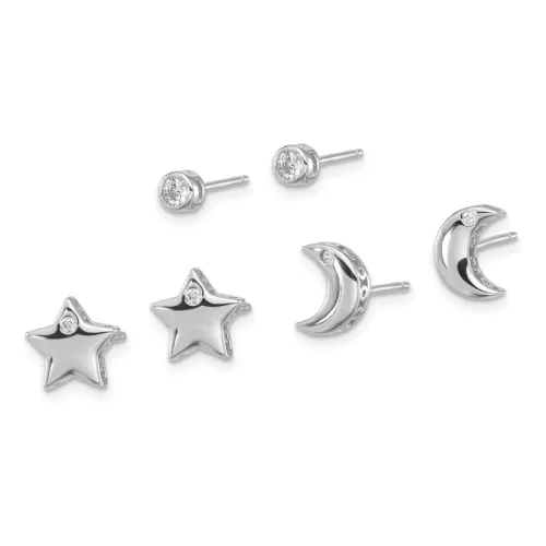 Sterling Silver RH-finished CZ Moon/Star and Round Set of 3 Post Earring Set
