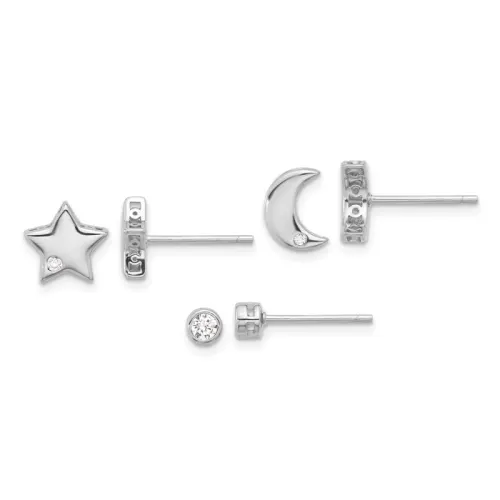 Sterling Silver RH-finished CZ Moon/Star and Round Set of 3 Post Earring Set