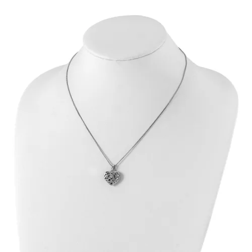 Sterling Silver Diamond Filigree Heart Locket Necklace 18 in with 2 in Extender - White Ice