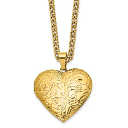 Chisel Stainless Steel Polished Yellow IP-finished Heart Locket on a 24 inch Curb Chain Necklace