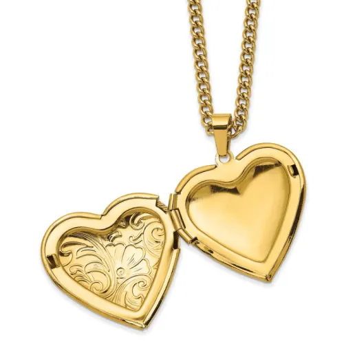 Chisel Stainless Steel Polished Yellow IP-finished Heart Locket on a 24 inch Curb Chain Necklace