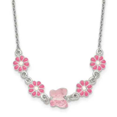 Sterling Silver Glass Butterfly and Enameled Flowers Children's Necklace