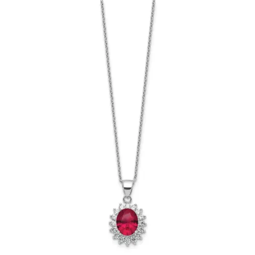 Cheryl M Sterling Silver Rhodium-plated Brilliant-cut Lab Created Ruby and Brilliant-cut White Cubic Zirconia Oval Halo 18.25 Inch Necklace
