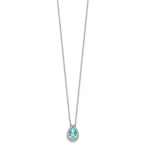 14K White Gold Lab Grown VS/SI FGH Dia and Cr Paraiba Pear Halo Necklace