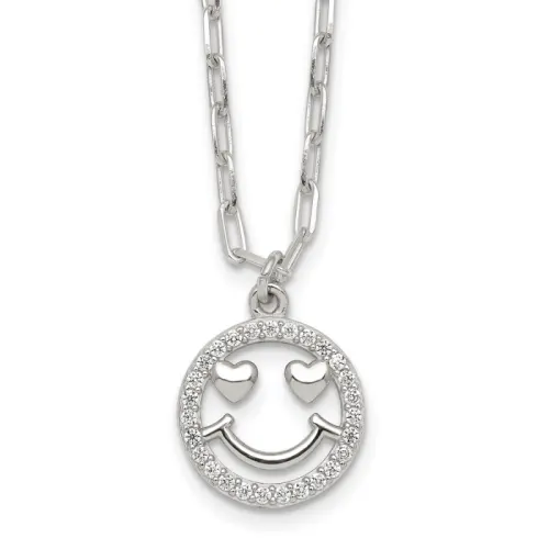 Sterling Silver Polished CZ Heart Eyes Smiley Face Necklace