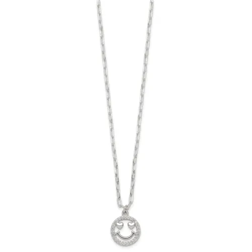 Sterling Silver Polished CZ Heart Eyes Smiley Face Necklace