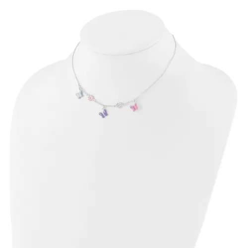 Sterling Silver Polished Enameled Floral & Butterfly Children's Necklace