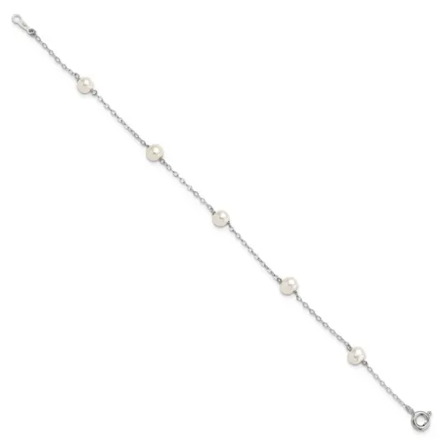 Sterling Silver Rhodium-finished 4-5mm White Semi-Round Freshwater Cultured Pearl 5-Station 7 inch Bracelet