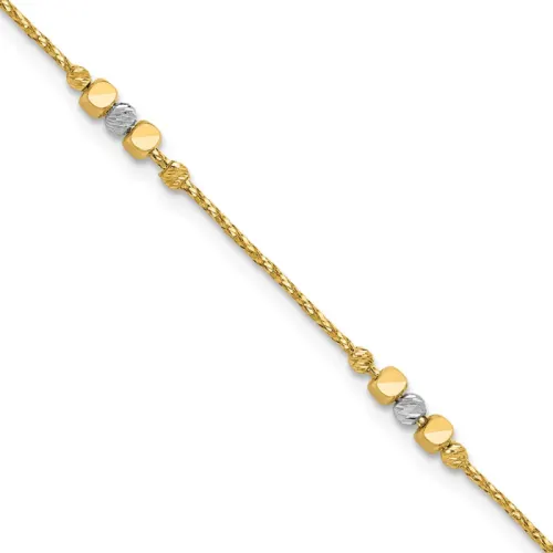 14K Two-tone Pol/Texture/Dia-cut Beads w/1in ext. Bracelet