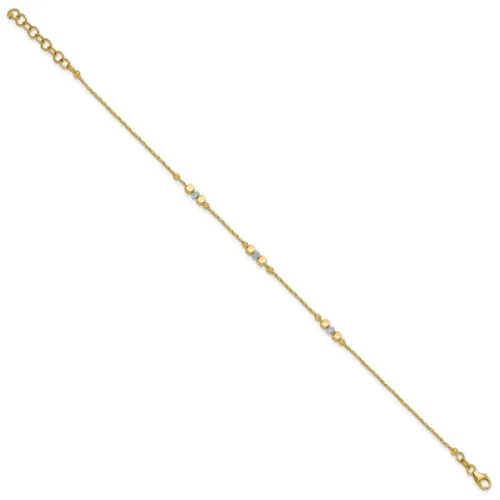 14K Two-tone Pol/Texture/Dia-cut Beads w/1in ext. Bracelet