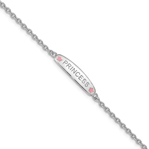 Sterling Silver Rhodium-finished Polished & Pink Enameled PRINCESS with 1 Inch Extension Children's Bracelet