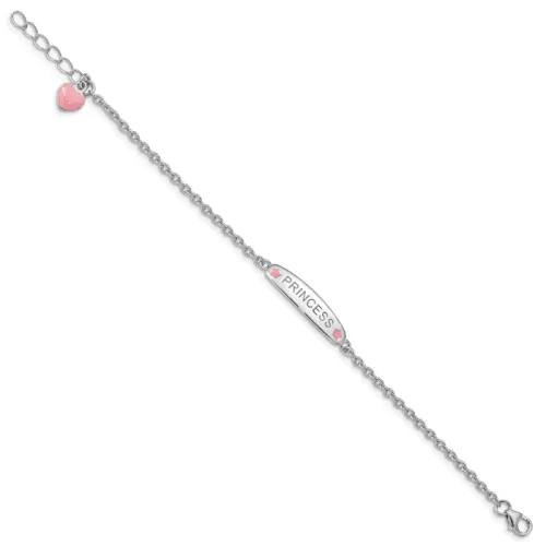 Sterling Silver Rhodium-finished Polished & Pink Enameled PRINCESS with 1 Inch Extension Children's Bracelet