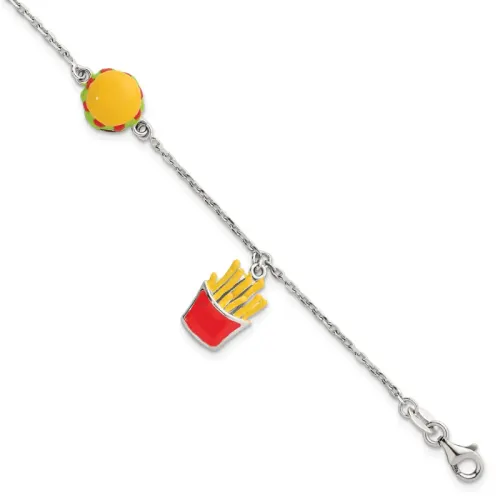 Sterling Silver Enameled Burger and Fries w/ 1in Ext Children's Bracelet