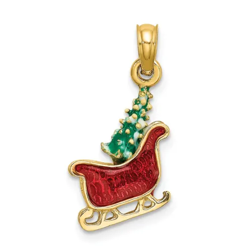 14K Gold 3-D Enamel Sleigh with Christmas Tree Charm 16.75mm