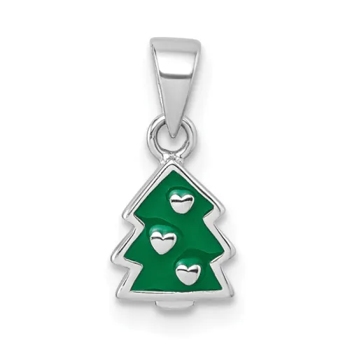 Kids' Sterling Silver Green Enamel Christmas Tree with Hearts Pendant 9mm