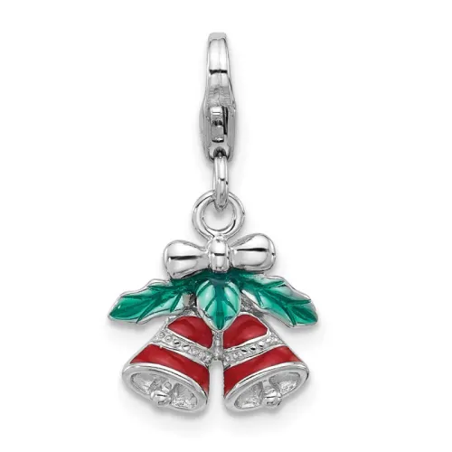 Sterling Silver Red Enamel Christmas Bells Charm with Green Leaves 14mm - Amore La Vita