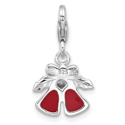 Sterling Silver Red Enamel Christmas Bells Charm with Green Leaves 14mm - Amore La Vita