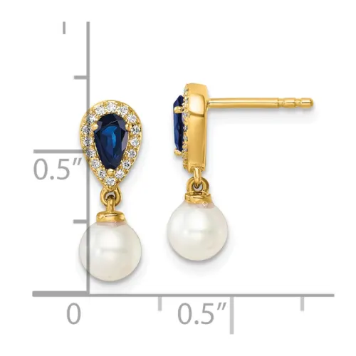 14K Gold Diamond Pearl and Sapphire Dangle Earrings 15.5mm