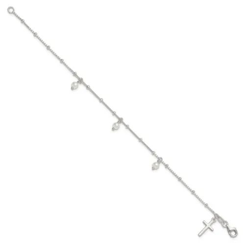 Sterling Silver Polished and Beaded Glass Pearl and Cross Bracelet