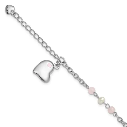 Sterling Silver Rh-finished Crystal FWC Pearl Enamel Dangle Heart w/1 in. ext Bracelet