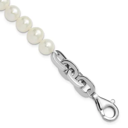 Sterling Silver Rhodium-finished 7-8mm Round White Freshwater Cultured Pearl and Link 8 inch Bracelet