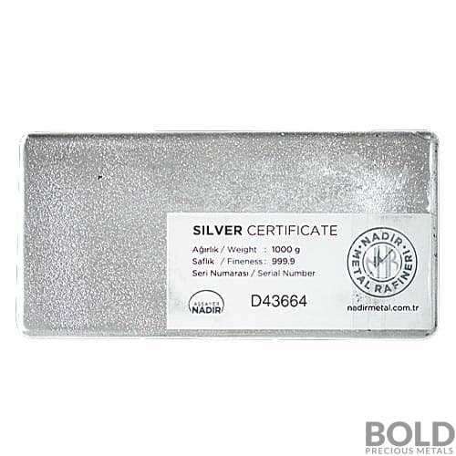 1 Kilo Nadir Refining Silver Bar | BOLD Precious Metals