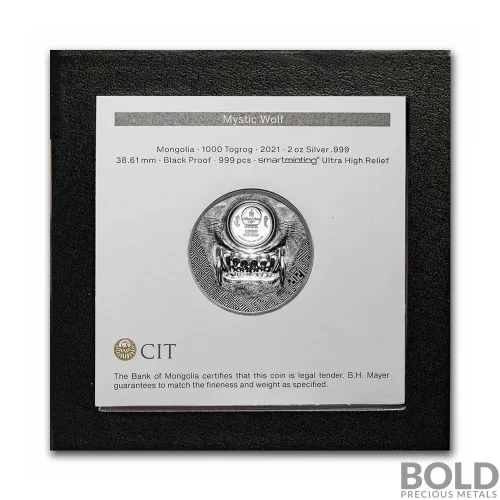 2021 2 oz Mongolia Mystic Wolf Silver Proof Coin (Black