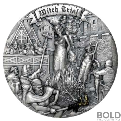 2022 Silver Niue Mistakes of Humanity: Witch Trial 2 oz High Relief Antiqued