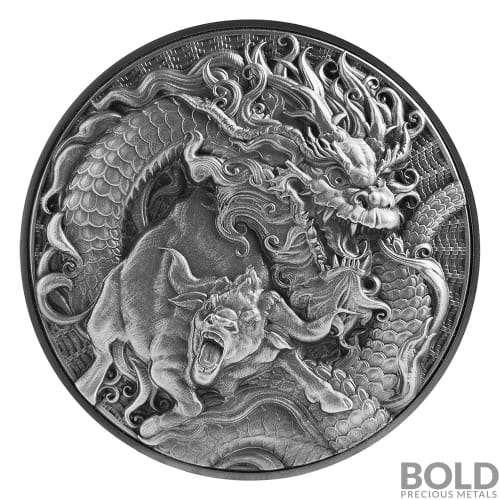 2021 2 oz Tokelau Chinese Dragon & Ox Silver Coin Antiqued HR 