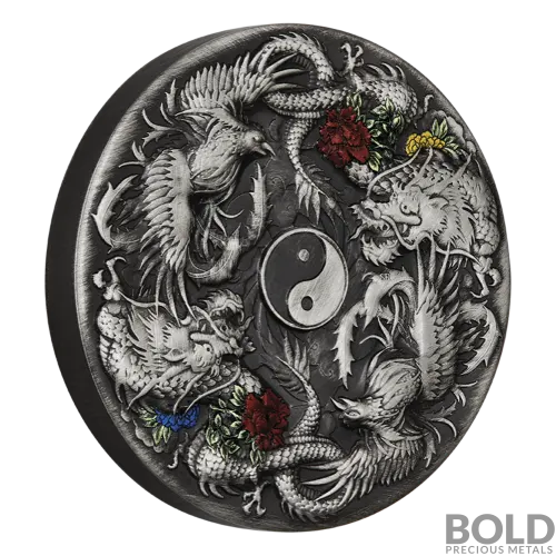 2021 2 oz Double Dragon Double Phoenix Colored Antique Silver | BOLD ...