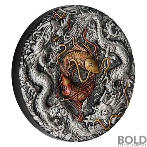 2021 2 oz Double Dragon Yin Yang Colored Silver Coin (Antique
