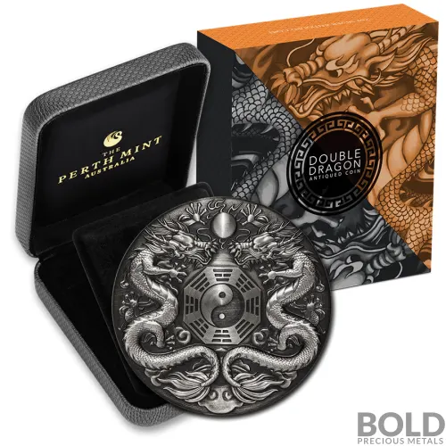 2019 2 oz Tuvalu Double Dragon Antiqued Silver Coin