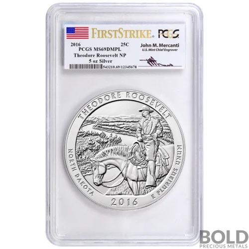 2016 5 oz Theodore Roosevelt ATB NP First Strike Mercanti Silver