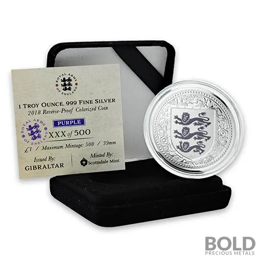 2018 Gibraltar Royal Arms of England Silver 1 oz Proof (Purple Colored)