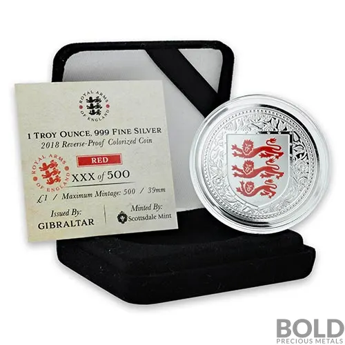 2018 Gibraltar Royal Arms of England Silver 1 oz Proof (Red Colored)