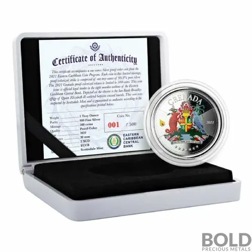 2021 EC8 Grenada: Coat of Arms 1 oz Silver Proof (Colored)