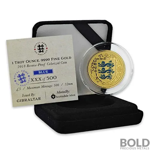 2018 Gibraltar Royal Arms of England Gold 1 oz Proof (Blue Colored)