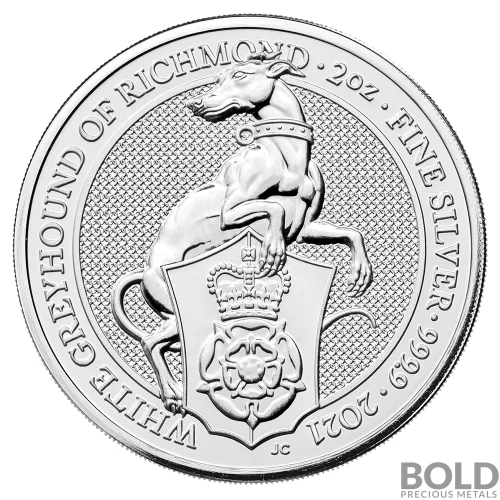 2021 2 oz Britain Queen's Beasts Greyhound of Richmond Silver Coin (BU, Impaired)