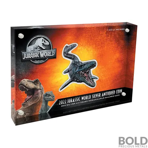 2022 Niue Jurassic World Mosasaurus Shaped 2 oz Silver Antiqued