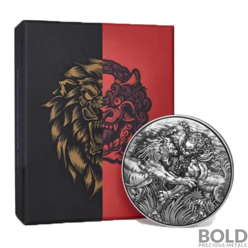 2022 Tokelau African Lion vs Chinese Guardian Lion 2 oz Silver Antiqued