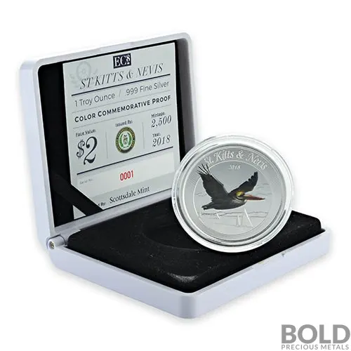 2018 1 oz EC8 St Kitts & Nevis Brown Pelican Silver Coin (Proof, Colored)