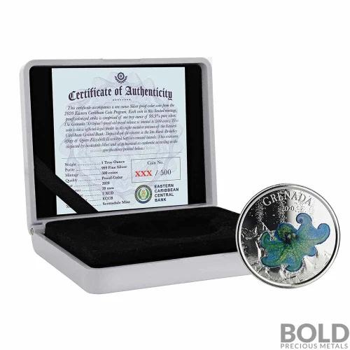 2020 1 oz EC8 Grenada: Octopus Silver Coin (Proof, Colored)