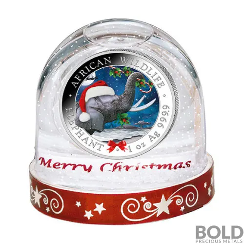 2024 1 oz Somalia Elephant Christmas Snow Globe Silver Coin